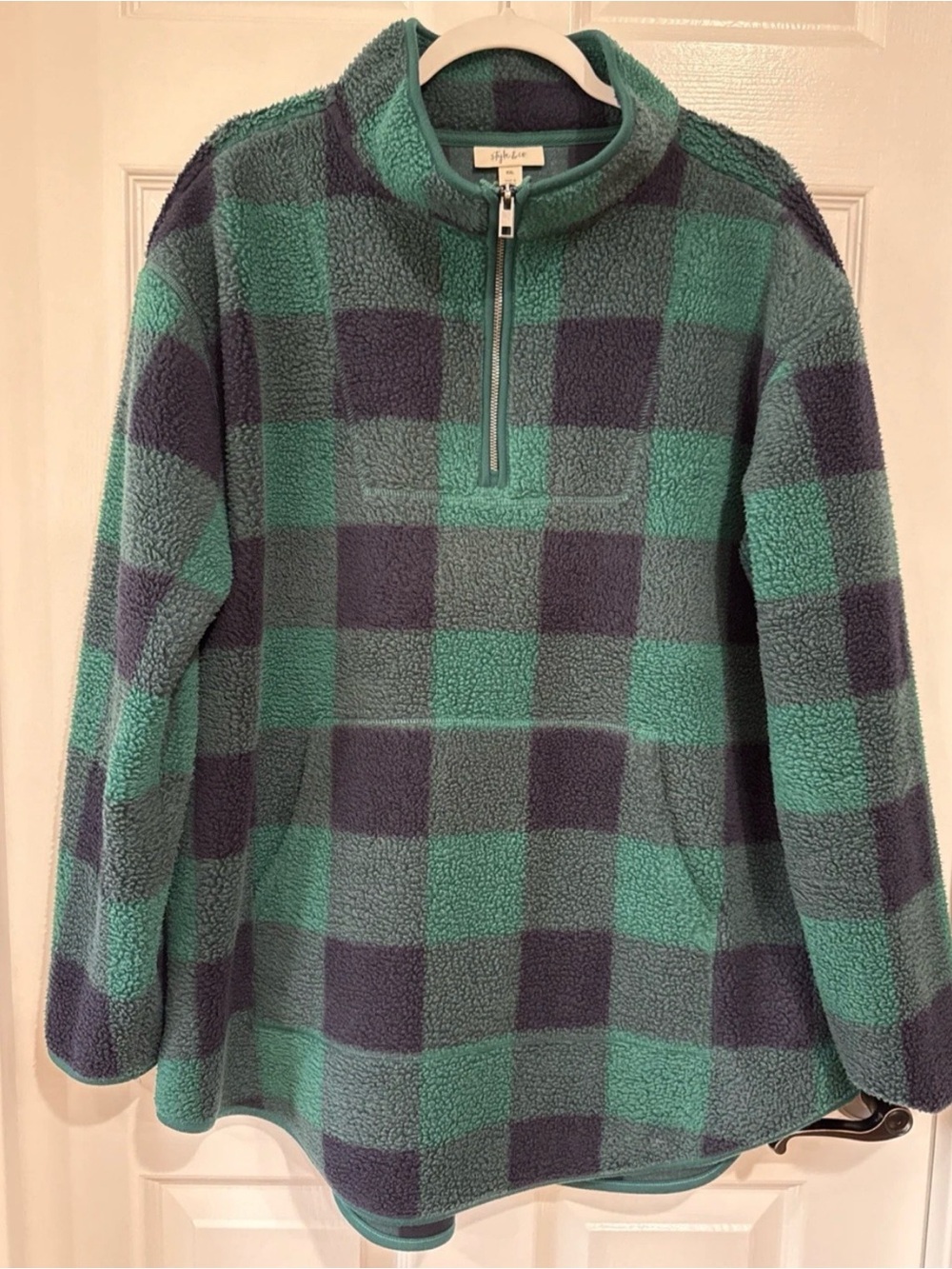 Style & Co. XXL Sherpa Style 1/4 Zip Sweatshirt Green/Blue Buffalo Check